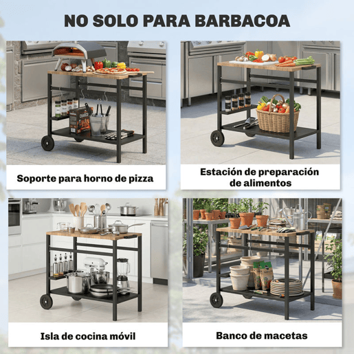 Outsunny Carrinho de Churrasco de 2 Níveis Mesa Auxiliar para Churrasco Móvel com Rodas Porta-bebidas Ganchos Pega Superfície Imitação Madeira Mesa para Forno de Pizza Exterior Preto e Castanho