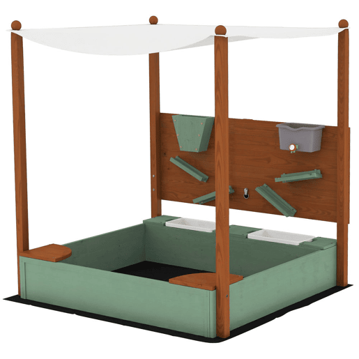 AIYAPLAY Caixa de Areia para Crianças de Madeira com Teto Caixa de Areia Infantil com 2 Assentos 2 Caixas Torneira Funil Caixa de Areia para Crianças de 3-6 Anos para Pátio, Jardim Varanda 116x112,5x128 cm Verde