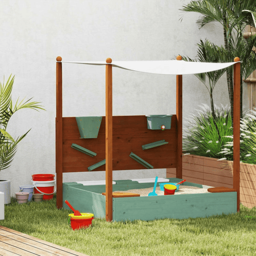 AIYAPLAY Caixa de Areia para Crianças de Madeira com Teto Caixa de Areia Infantil com 2 Assentos 2 Caixas Torneira Funil Caixa de Areia para Crianças de 3-6 Anos para Pátio, Jardim Varanda 116x112,5x128 cm Verde