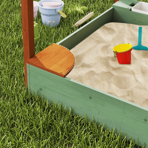 AIYAPLAY Caixa de Areia para Crianças de Madeira com Teto Caixa de Areia Infantil com 2 Assentos 2 Caixas Torneira Funil Caixa de Areia para Crianças de 3-6 Anos para Pátio, Jardim Varanda 116x112,5x128 cm Verde