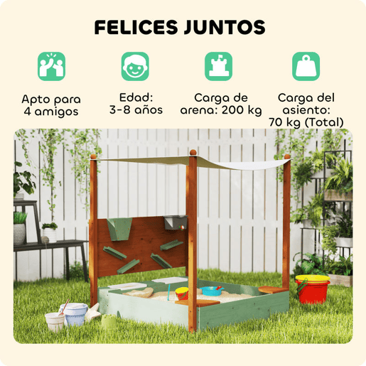 AIYAPLAY Caixa de Areia para Crianças de Madeira com Teto Caixa de Areia Infantil com 2 Assentos 2 Caixas Torneira Funil Caixa de Areia para Crianças de 3-6 Anos para Pátio, Jardim Varanda 116x112,5x128 cm Verde