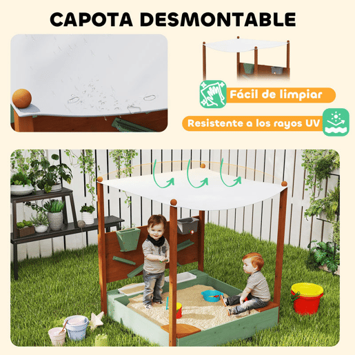 AIYAPLAY Caixa de Areia para Crianças de Madeira com Teto Caixa de Areia Infantil com 2 Assentos 2 Caixas Torneira Funil Caixa de Areia para Crianças de 3-6 Anos para Pátio, Jardim Varanda 116x112,5x128 cm Verde