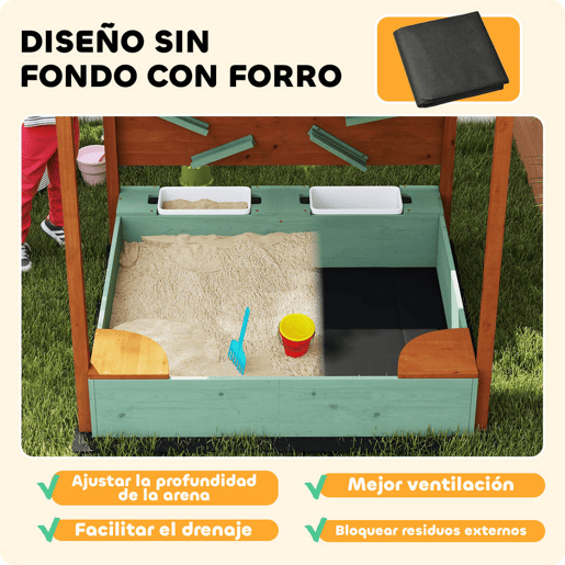 AIYAPLAY Caixa de Areia para Crianças de Madeira com Teto Caixa de Areia Infantil com 2 Assentos 2 Caixas Torneira Funil Caixa de Areia para Crianças de 3-6 Anos para Pátio, Jardim Varanda 116x112,5x128 cm Verde