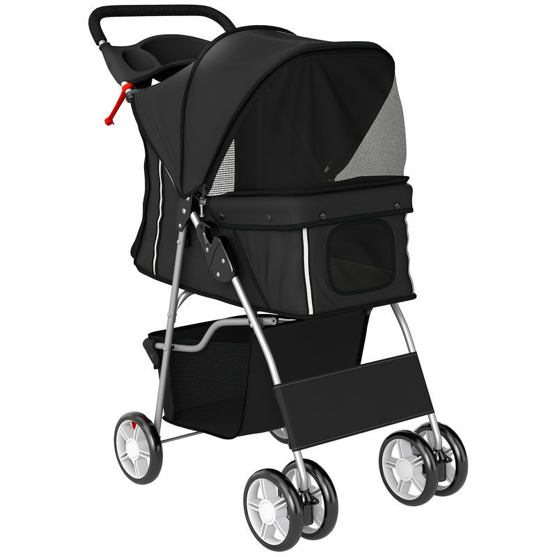 Pawhut carrito para perros plegable, cochecito para perros pequeños con cesta de almacenaje, ventanas de malla, portavasos, ruedas de eva, cojín lavable, frenos, carga 10 kg, 77x44x102 cm, negro