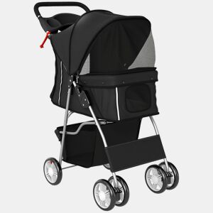 PawHut Carrinho para Cães Dobrável, Carrinho para Cães Pequenos com Cesto de Armazenamento, Janelas de Rede, Porta-copos, Rodas EVA, Almofada Lavável, Travões, Carga 10 kg, 77x44x102 cm, Preto