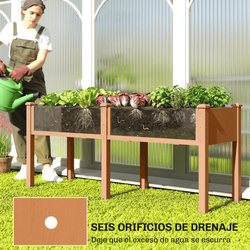 Outsunny Floreira Elevada de Madeira Mesa de Cultivo com Pés 6 Orifícios de Drenagem para Cultivo Plantas Flores e Legumes 184x59x76,5 cm Castanho