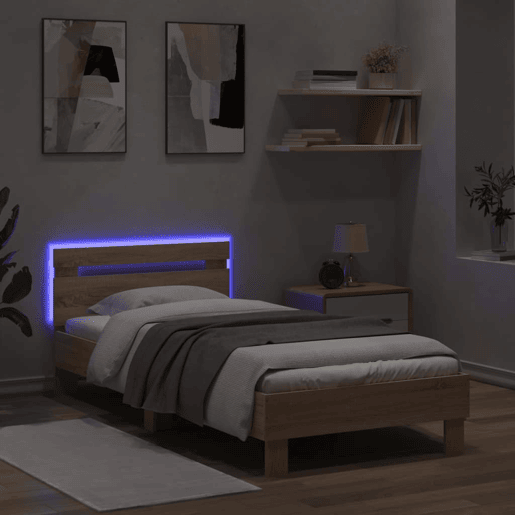 Estrutura de cama de solteiro moderno c cabeceiraluzes LED 90x200 cm carvalho sonoma