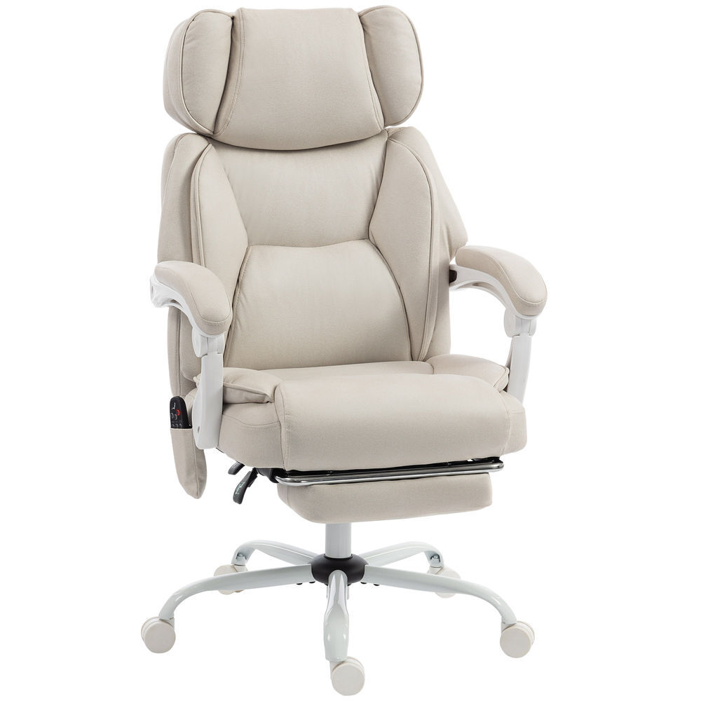 Homcom silla de oficina con masaje vibratorio de 6 puntos y calor lumbar, silla de escritorio reclinable con reposacabezas ajustable, respaldo alto, altura ajustable, reposapiés, crema