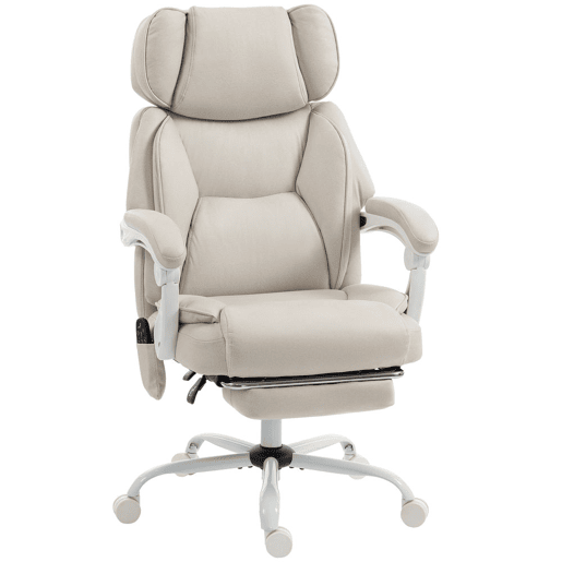 HOMCOM Cadeira de Escritório com Massagem Vibratória de 6 Pontos e Aquecimento Lombar, Cadeira Reclinável com Apoio de Cabeça Ajustável, Encosto Alto, Altura Ajustável, Apoio para os Pés, Creme