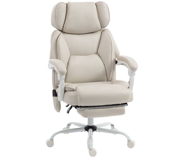 Homcom silla de oficina con masaje vibratorio de 6 puntos y calor lumbar, silla de escritorio reclinable con reposacabezas ajustable, respaldo alto, altura ajustable, reposapiés, crema