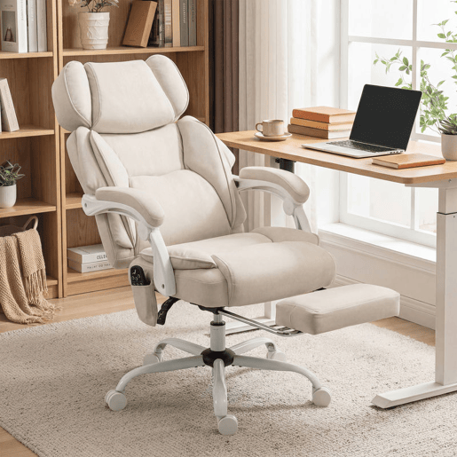 HOMCOM Cadeira de Escritório com Massagem Vibratória de 6 Pontos e Aquecimento Lombar, Cadeira Reclinável com Apoio de Cabeça Ajustável, Encosto Alto, Altura Ajustável, Apoio para os Pés, Creme