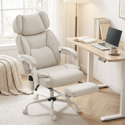 HOMCOM Cadeira de Escritório com Massagem Vibratória de 6 Pontos e Aquecimento Lombar, Cadeira Reclinável com Apoio de Cabeça Ajustável, Encosto Alto, Altura Ajustável, Apoio para os Pés, Creme
