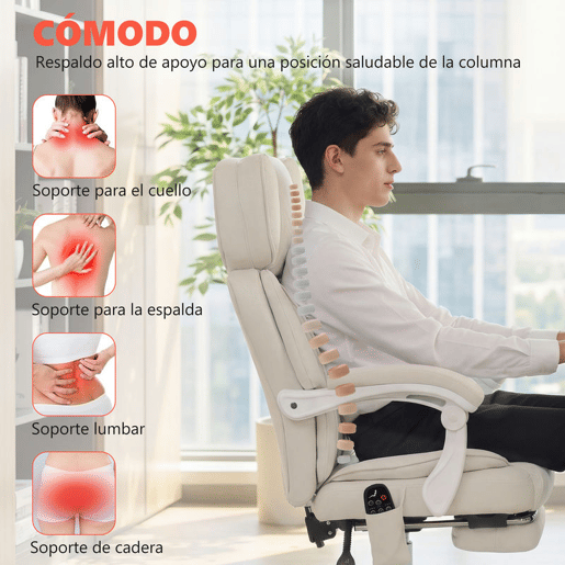 HOMCOM Cadeira de Escritório com Massagem Vibratória de 6 Pontos e Aquecimento Lombar, Cadeira Reclinável com Apoio de Cabeça Ajustável, Encosto Alto, Altura Ajustável, Apoio para os Pés, Creme