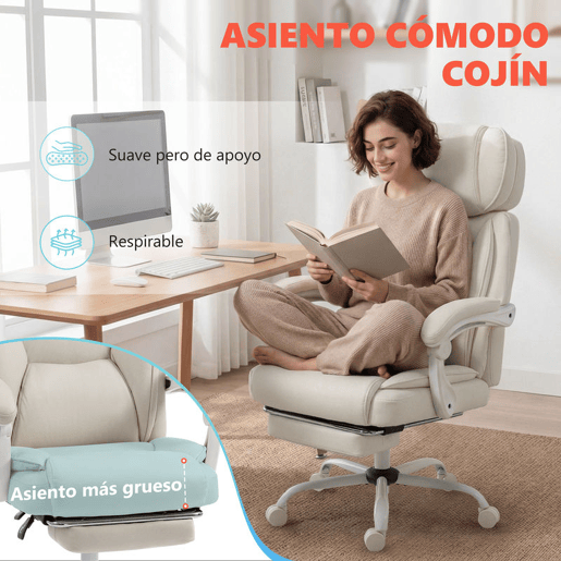 HOMCOM Cadeira de Escritório com Massagem Vibratória de 6 Pontos e Aquecimento Lombar, Cadeira Reclinável com Apoio de Cabeça Ajustável, Encosto Alto, Altura Ajustável, Apoio para os Pés, Creme