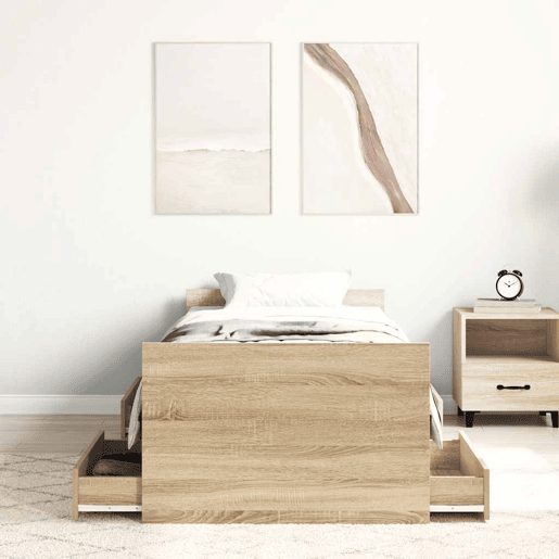 Estrutura de cama de solteiro para adultos c painéis de cabeceira e pés carvalho sonoma