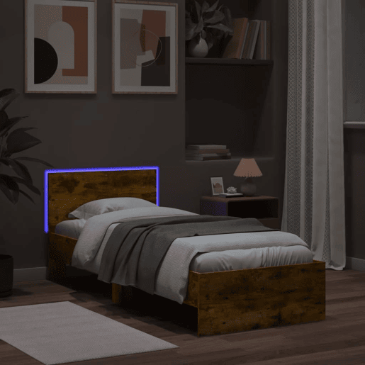Estrutura de cama de solteiro moderno c cabeceiraluzes LED 75x190 cm carvalho fumado