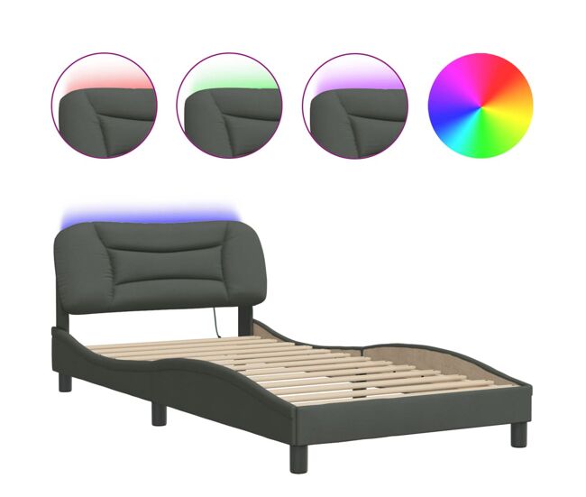 Estructura de cama individual para adultos con led tela gris oscuro 90x200 cm