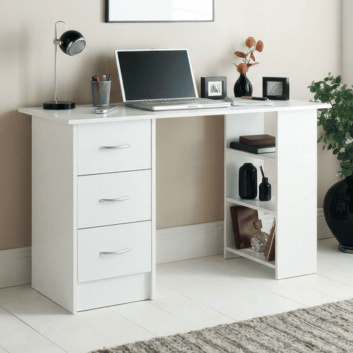 Mesa Jobbi com 3 gavetas, mesa para computador com 3 prateleiras, branco fosco, 115 x 75 x 49 cm