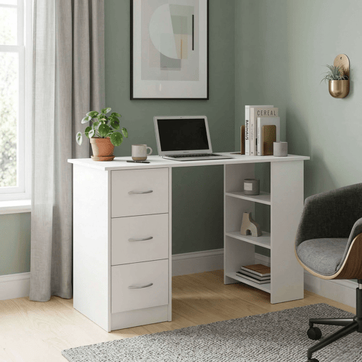 Mesa Jobbi com 3 gavetas, mesa para computador com 3 prateleiras, branco fosco, 115 x 75 x 49 cm