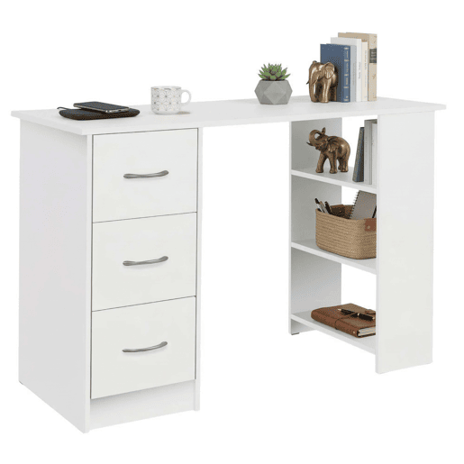 Mesa Jobbi com 3 gavetas, mesa para computador com 3 prateleiras, branco fosco, 115 x 75 x 49 cm