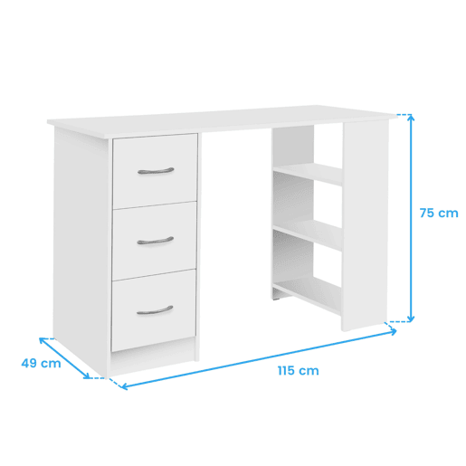 Mesa Jobbi com 3 gavetas, mesa para computador com 3 prateleiras, branco fosco, 115 x 75 x 49 cm