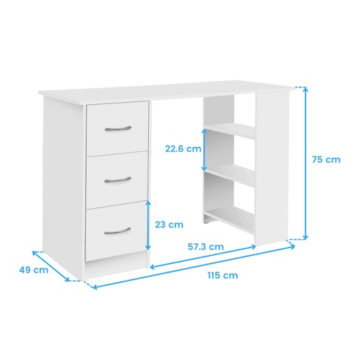Mesa Jobbi com 3 gavetas, mesa para computador com 3 prateleiras, branco fosco, 115 x 75 x 49 cm