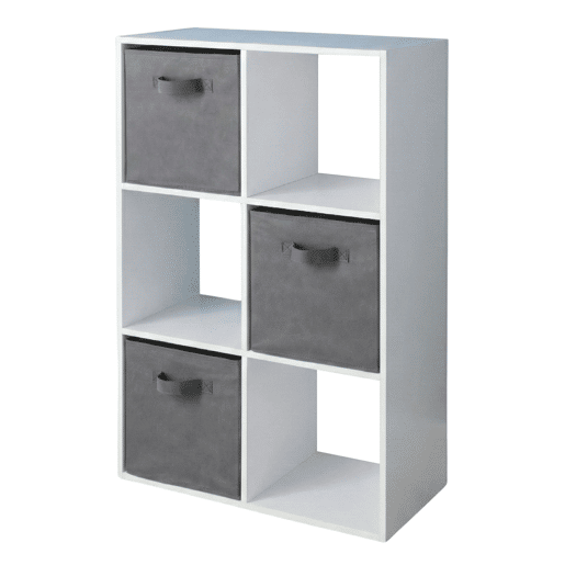 Estante Cubo April 6, Estante Independente com 3 Gavetas, Tecido Branco Fosco e Cinza, 60x89x28 cm