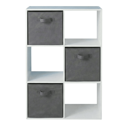Estante Cubo April 6, Estante Independente com 3 Gavetas, Tecido Branco Fosco e Cinza, 60x89x28 cm