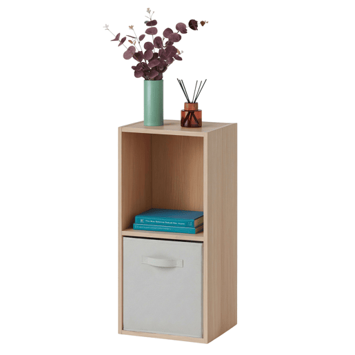 Estante modular April 2 Cube com 1 gaveta, em tecido, para sala de estar, nas cores Carvalho Sonoma e Bege, 30x60x28 cm