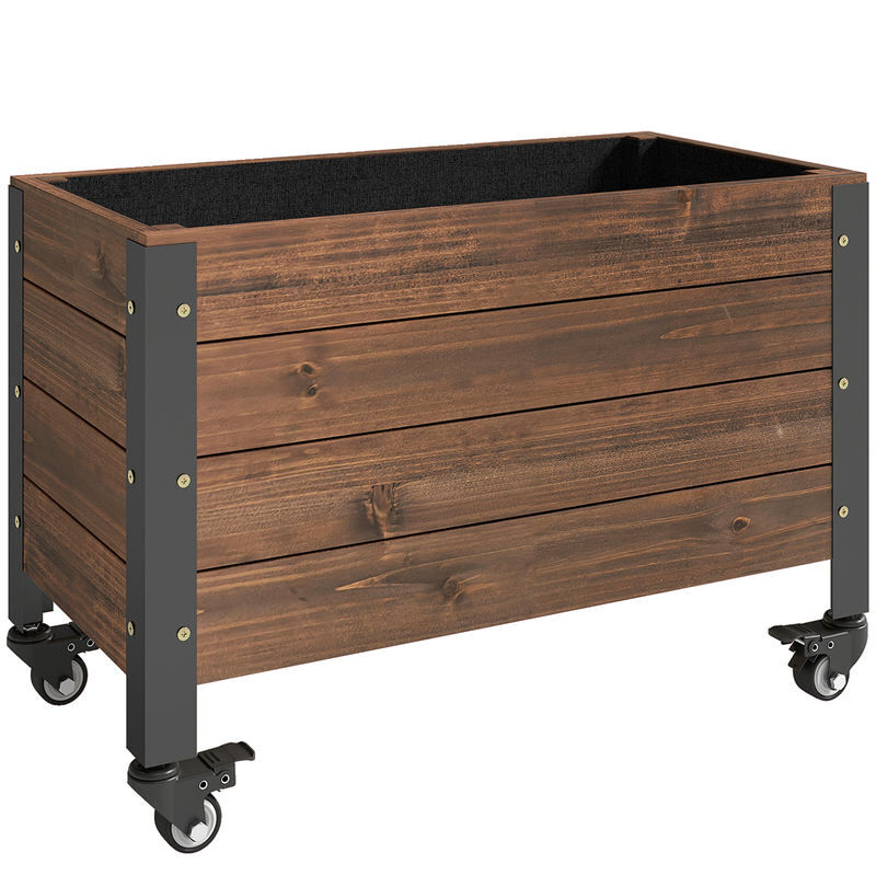 Outsunny jardinera exterior de madera con ruedas, huerto urbano elevado con orificio de drenaje y tela no tejida, macetero exterior rectangular para jardín, terraza, 60x30x41 cm, marrón oscuro