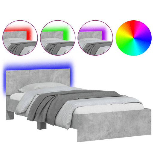 Estrutura de cama de solteiro moderno c cabeceiraluzes LED 100x200 cm cinza cimento