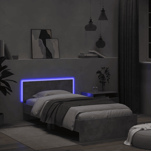 Estrutura de cama de solteiro moderno c cabeceiraluzes LED 100x200 cm cinza cimento