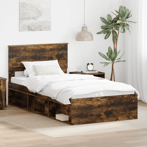Estrutura de cama de solteiro para adultos com Cabeceira - Carvalho Defumado 100 x 200 cm
