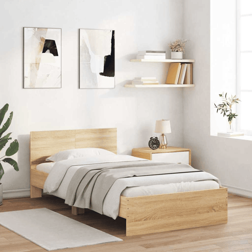 Estrutura de cama de solteiro moderno c cabeceiraluzes LED 100x200cm carvalho sonoma