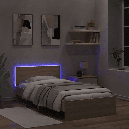 Estrutura de cama de solteiro moderno c cabeceiraluzes LED 100x200cm carvalho sonoma