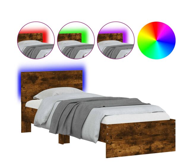 Estructura de cama individual para adultos - cabecero luces led roble ahumado 90x200 cm