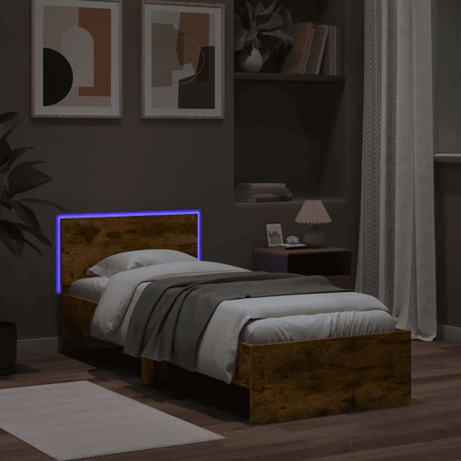 Estrutura de cama de solteiro moderno c cabeceiraluzes LED 90x200 cm carvalho fumado
