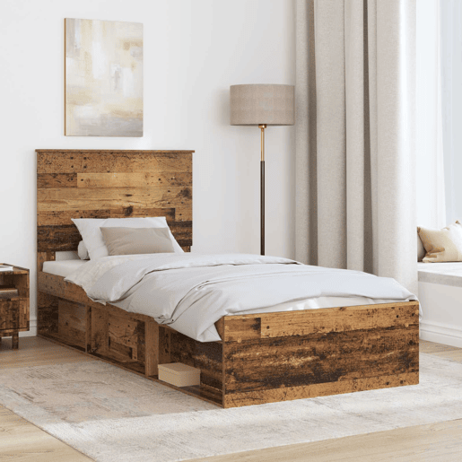 Estrutura de cama de solteiro para adultos com Cabeceira - Madeira antiga 100 x 200 cm
