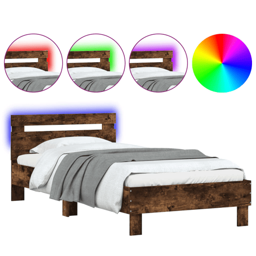 Estrutura de cama de solteiro moderno c cabeceiraluzes LED 100x200cm carvalho fumado