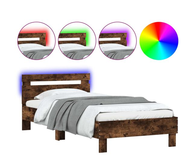 Estructura de cama individual para adultos - cabecero luces led roble ahumado 100x200 cm