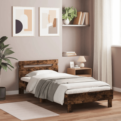 Estrutura de cama de solteiro moderno c cabeceiraluzes LED 100x200cm carvalho fumado