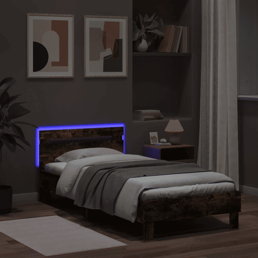 Estrutura de cama de solteiro moderno c cabeceiraluzes LED 100x200cm carvalho fumado