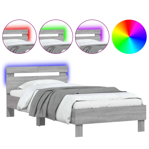 Estrutura de cama de solteiro moderno c cabeceiraluzes LED 100x200cm cinza sonoma