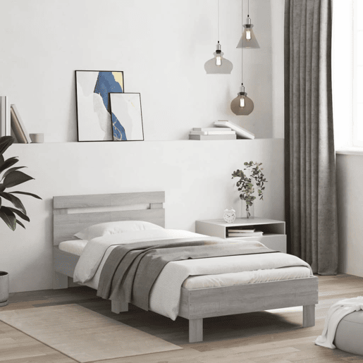 Estrutura de cama de solteiro moderno c cabeceiraluzes LED 100x200cm cinza sonoma