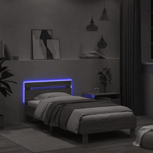 Estrutura de cama de solteiro moderno c cabeceiraluzes LED 100x200cm cinza sonoma