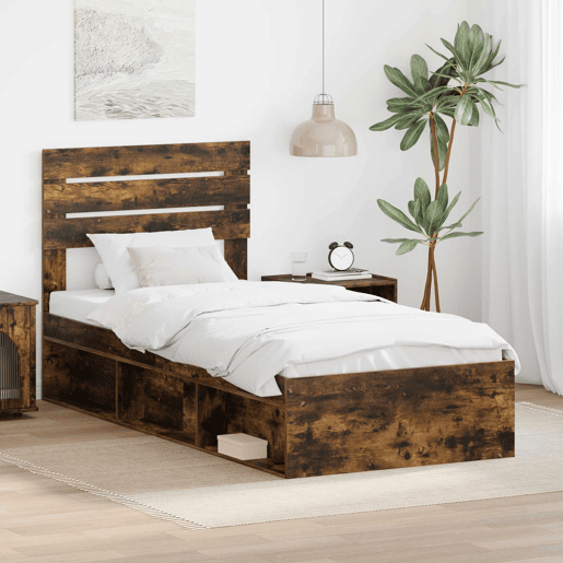 Estrutura de cama de solteiro para adultos com cabeceira Carvalho Defumado 90 x 190 cm