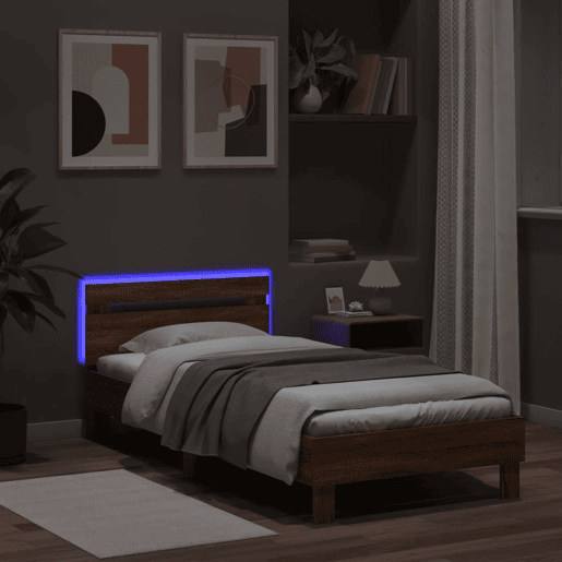 Estrutura de cama de solteiro moderno cabeceiraluzes LED 100x200 cm carvalho castanho