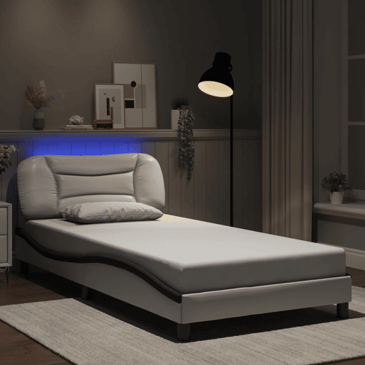 Estrutura de cama de solteiro para adultos com LED 100x200cm brancopreto