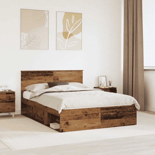 Estrutura de cama de casal com cabeceira - Madeira antiga 140 x 190 cm