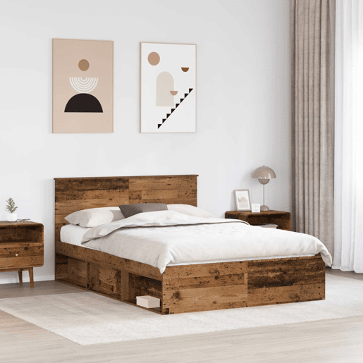 Estrutura de cama de casal com cabeceira - Madeira antiga 140 x 190 cm